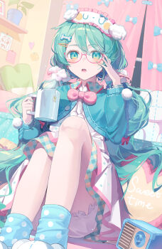 1girl absurdres adjusting_eyewear aqua_eyes aqua_hair aqua_sweater blue_socks blush bone_hair_ornament commentary cup hair_ornament hair_scrunchie hairclip hatsune_miku heart heart-shaped_pillow highres holding holding_cup indoors knees_up layered_skirt long_hair looking_at_viewer loungewear_outfit_miku nun_nu pillow polka_dot polka_dot_socks radio red-framed_eyewear red_ribbon revision ribbon scrunchie semi-rimless_eyewear shorts skirt sleep_mask socks solo sweater twintails vocaloid white_shorts