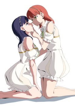 2girls absurdres asaka_karin blue_eyes clothing_cutout dress green_eyes green_ribbon hairband hand_on_another's_chin highres kneeling long_hair love_live! love_live!_nijigasaki_high_school_idol_club multiple_girls neck_ribbon orange_hair purple_hair ribbon shadow shoulder_cutout simple_background uchuu_no_mozuku uehara_ayumu white_background white_dress yuri