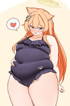 1girl animal_ear_fluff animal_ears belly_grab blonde_hair blue_archive blue_eyes blue_one-piece_swimsuit blush breasts covered_navel fat fat_rolls fat_woman flower flower_on_head frilled_one-piece_swimsuit frills hair_flower hair_ornament halo hand_on_own_stomach heart highres long_hair mari_(blue_archive) mari_(swimsuit)_(blue_archive) one-piece_swimsuit open_mouth orange_hair paw_print plump small_breasts solo spoken_heart standing swimsuit thick_thighs thighs wawawaltz