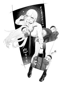 Rule 34 | > <, 1boy, 1girl, artist name, bag, barbell piercing, bead bracelet, beads, bent over, blush, bra, bra peek, bracelet, breasts, chinese commentary, choker, cleavage, closed eyes, closed mouth, collared shirt, commentary request, dress shirt, ear piercing, earrings, floating hair, gojou wakana, greyscale, grin, hachimaki, headband, heart, highres, industrial piercing, japanese clothes, jewelry, kitagawa marin, large breasts, loafers, long hair, looking at viewer, loose necktie, mini person, miniboy, mole, mole under eye, monochrome, necktie, parted lips, piercing, samue, school bag, school uniform, shen shipi (agil548g6h6), shirt, shoes, short hair, skirt, sleeves rolled up, smile, socks, sono bisque doll wa koi wo suru, sweat, swept bangs, translation request, underwear, very long fingernails, very long hair, w, wavy mouth