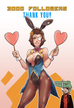 1boy 1girl anger_vein angry animal_ears artist_self-insert black_legwear breasts brown_eyes brown_hair brown_legwear cameltoe cigarette cleavage covered_navel eyepatch fake_animal_ears fishnets heart highres jacket jane_doe_(john_doe_(jdart)) john_doe_(jdart) lips milestone_celebration nose open_clothes open_jacket original pantyhose playboy_bunny rabbit_ears see-through_clothes see-through_legwear short_hair smile smoking solo_focus thank_you thighhighs thighs toned wrist_cuffs