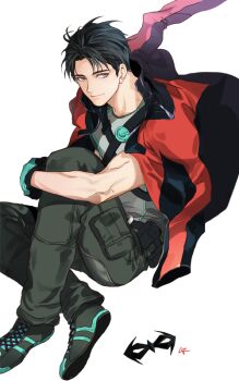 1boy agent_37 belt black_hair blue_eyes dc_comics dick_grayson gloves holster jacket jacket_on_shoulders male_focus mask unworn_mask nightwing short_sleeves sitting solo stariver00