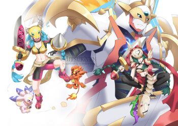 Rule 34 | aqua hair, arm snake, bikini, braid, breasts, cleavage, coronamon, digimon, digimon (creature), gracenovamon, hair over one eye, helmet, holding, huge weapon, large breasts, living weapon, long hair, lunamon, mervamon, minervamon, mitsukiven, navel, purple lips, ribbon, shoulder pads, shoulder spikes, snake mask, spikes, swimsuit, sword, teeth, thighhighs, twin braids, waist cape, weapon, winged helmet, yellow eyes