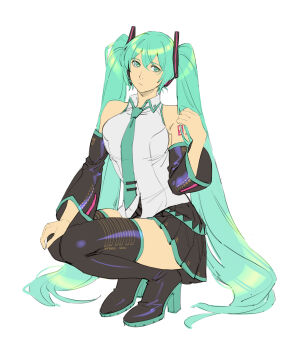 1girl absurdres black_boots black_skirt blue_eyes blue_hair boots breasts chinese_commentary commentary commentary_request detached_sleeves english_commentary full_body hand_on_own_knee hatsune_miku highres large_breasts long_hair mixed-language_commentary ruukii_drift shirt skirt sleeveless sleeveless_shirt solo squatting thigh_boots twintails very_long_hair vocaloid white_shirt