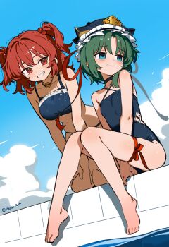 2girls absurdres arms_between_legs barefoot bikini black_bikini black_one-piece_swimsuit blue_eyes blush breasts cloud cloudy_sky collarbone commentary embarrassed english_commentary from_below full_body green_hair grin hands_on_own_knees hat hepari highres kneeling looking_at_another medium_breasts medium_hair multiple_girls one-piece_swimsuit onozuka_komachi pool red_eyes red_hair shiki_eiki sitting sky small_breasts smile swimsuit touhou two_side_up