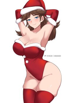 1girl absurdres arms_behind_back blue_eyes breasts brown_hair christmas cleavage earrings flipped_hair flower_earrings gloves grin hat highres jewelry legs looking_at_viewer mario_(series) nintendo non-web_source princess_daisy santa_costume santa_hat shiny_skin smile standing super_mario_bros._wonder super_mario_land tomboy