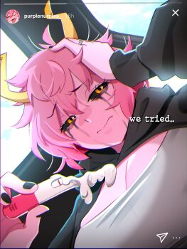 1girl absurdres ashido_mina black_nails black_sclera boku_no_hero_academia breasts closed_mouth colored_sclera colored_skin english_text hair_between_eyes hand_on_own_head highres holding holding_pregnancy_test hood hood_down horns jewelry khyle. large_breasts light_frown long_sleeves looking_at_viewer makeup melting messy_hair nail_polish orange_eyes pink_hair pink_skin pregnancy_test ring runny_makeup upper_body wedding_ring