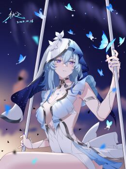 1girl armlet aurora backless_dress backless_outfit bare_arms bare_legs blue_butterfly blue_hair blue_veil body_markings breasts bug butterfly chinese_commentary commentary covered_collarbone dated dress expressionless from_side glowing_butterfly hair_between_eyes highres insect jewelry long_hair looking_to_the_side medium_breasts nail_polish night on_swing parted_lips purple_eyes purple_nails revealing_clothes shorekeeper_(wuthering_waves) sideways_glance signature sitting sky sleeveless sleeveless_dress solo swing two-tone_headwear upper_body veil white_dress white_veil whyqiufen wuthering_waves