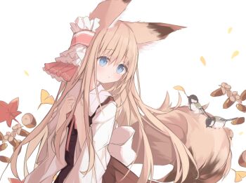 1girl :o acorn animal animal_ear_fluff animal_ears autumn_leaves bird blue_eyes blush brown_dress brown_hair collared_shirt commentary dress ginkgo_leaf hands_up highres kushida_you leaf long_hair long_sleeves maple_leaf original parted_lips pinafore_dress pleated_dress shirt simple_background sleeveless sleeveless_dress solo tail very_long_hair white_background white_shirt wide_sleeves