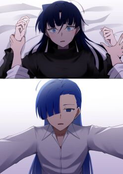 2girls ado_(utaite) black_shirt blue_eyes blue_hair commentary_request female_pov hair_over_one_eye highres holding_another&#039;s_wrist long_hair long_sleeves merry_(ado) multiple_girls naima_(ado) nori_(norinori_yrl) open_mouth pov readymade_(ado) shirt sweatdrop usseewa white_shirt yukadon yuri