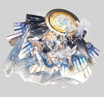 1girl absurdres alternate_costume animal_ears archetto_(arknights) architecture arknights belt black_dress blonde_hair blue_dress blue_eyes blush bow breasts church dress gacha_splash_(style) gauntlets gloves gothic_architecture heterochromia highres holding long_hair looking_to_the_side open_mouth red_eyes rose_window smile solo statue strapless strapless_dress tachi-e tail tiara toeless_legwear very_long_hair yinren