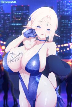 1girl absurdres alternate_costume alternate_hairstyle anniversary between_breasts blonde_hair blue_dress blue_eyes braid braided_ponytail breast_tattoo breasts capelet cerestia_of_life choker city_lights cityscape crowd dress elf fur-trimmed_capelet fur-trimmed_shawl fur_trim gloves highres huge_breasts impossible_clothes last_origin long_hair looking_at_viewer navel night no_panties orangegoon plunging_neckline pointy_ears shawl silhouette solo spaghetti_strap tattoo