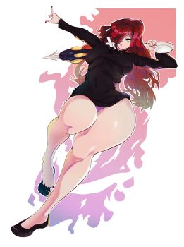 1girl absurdres adapted_costume cross cross_necklace full_body hair_over_one_eye highres holding holding_umbrella holding_weapon jewelry krieg_(skullgirls) long_hair molu_(molu-molu) nail_polish necklace orange_eyes pantied parasoul_(skullgirls) red_hair red_nails red_toenails skullgirls solo sweater thick_thighs thighs toenail_polish toenails turtleneck turtleneck_sweater umbrella weapon wide_hips