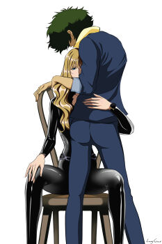 Rule 34 | 1boy, 1girl, absurdres, belt, blonde hair, blue eyes, catsuit, couple, cowboy bebop, curly hair, green hair, highres, hug, julia (cowboy bebop), leather, lucyguusi, spike spiegel