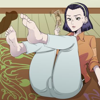 1girl barefoot brown_eyes feet feet_up hairband higashikata_tomoko highres jojo_no_kimyou_na_bouken mature_female medium_hair money open_mouth purple_hair soles steam toes zayakuzazai
