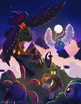 blitzle bush cliff closed_eyes cloud earthkinous fire flame-tipped_tail flying full_moon gen_2_pokemon gen_3_pokemon gen_4_pokemon gen_5_pokemon gen_6_pokemon gen_8_pokemon glowing glowing_eyes golett grass highres holding holding_map honedge impidimp lileep map monferno moon mountainous_horizon murkrow night nintendo no_humans open_mouth outdoors pokemon pokemon_(creature) pokemon_focus sky smile star_(sky) starry_sky swablu tail tirtouga tree