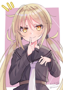 1girl absurdres black_sailor_collar black_serafuku black_shirt black_skirt blonde_hair blush crescent crescent_pin hair_between_eyes highres hizaka kantai_collection long_hair long_sleeves looking_at_viewer low_twintails neckerchief necktie one-hour_drawing_challenge pink_background pleated_skirt sailor_collar satsuki_(kancolle) school_uniform serafuku shirt signature skirt smile solo twintails twitter_username white_background white_neckerchief white_necktie yellow_eyes