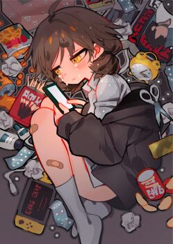 1girl ahoge alarm_clock bandaged_leg bandages brown_hair cellphone chips_(food) clock crying crying_with_eyes_open food garbage highres jacket nintendo_switch on_floor original phone pocky potato_chips shirt smartphone socks suzu_i tagme tears watermark white_shirt white_socks yellow_eyes