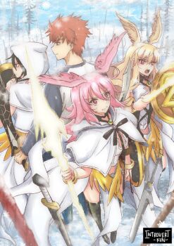 1boy 3girls armor armored_dress bell black_one-piece_swimsuit blonde_hair brynhild_romantia capelet command_spell dress emiya_shirou energy_spear energy_weapon energy_wings fate/grand_order fate/stay_night fate_(series) field_of_blades gotterdammerung_(fate/grand_order) head_wings highres hildr_(fate) holding holding_bell hood hooded_capelet igote introvert-kun kanshou_&amp;_bakuya_(fate) magic_circuit multiple_girls naked_capelet novum_chaldea one-piece_swimsuit orange_hair ortlinde_(fate) pink_hair pink_wings raglan_sleeves red_eyes red_hair shield swimsuit thrud_(fate) valkyrie_(fate) white_capelet wings yellow_wings