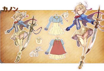 Rule 34 | 1girl, :d, ^ ^, ahoge, aqua eyes, ascot, blonde hair, blue jacket, boots, cape, character name, reference sheet, closed eyes, commentary request, company name, cropped jacket, double-parted bangs, floating cape, full body, hair ornament, high heel boots, high heels, holding, holding sword, holding weapon, jacket, juliet sleeves, kanon (ta ga tame no alchemist), long sleeves, official art, open mouth, petticoat, puffy sleeves, red ascot, red cape, rinzo, second-party source, sheath, sheathed, short hair, skirt, slip showing, smile, standing, standing on one leg, sword, ta ga tame no alchemist, thighhighs, weapon, wing hair ornament, zettai ryouiki