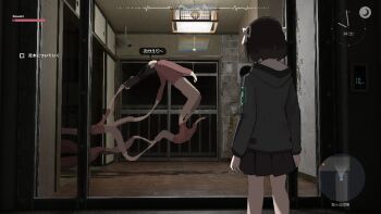 1girl 1other balcony black_hair button_prompt ceiling_light fake_screenshot gameplay_mechanics green_jacket hair_ribbon heads-up_display highres horror_(theme) jacket lost_property_control_organization_(samidare) minimap monster protagonist_(lost_property_control_organization) revision ribbon samidare_(hoshi) short_hair shouji sliding_doors user_interface white_ribbon