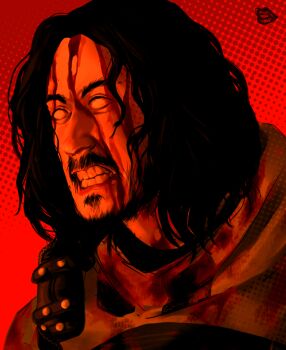 Rule 34 | 1boy, angry, beard, clenched teeth, commentary, empty eyes, facial hair, glowing, halftone, halftone background, high collar, highres, iron lung (movie), male focus, portrait, red theme, simon (iron lung), solo, spunketpunk, teeth, untranslatable commentary