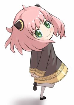 Rule 34 | 1girl, ahoge, anya (spy x family), arms behind back, black footwear, eden academy school uniform, full body, green eyes, hairpods, leg up, long sleeves, looking at viewer, looking back, ossannoa, own hands together, pink hair, school uniform, smile, solo, spy x family, standing, standing on one leg, white background