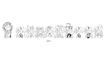 37_(down_in_the_grotto)_(reverse:1999) 37_(happy_bird_catcher)_(reverse:1999) 37_(reverse:1999) alternate_costume alternate_hairstyle ancient_greek_clothes apron chibi closed_eyes daku_k dolphin_costume dress electric_kettle greco-roman_clothes greyscale hair_ornament highres japanese_clothes kettle kimono laurel_crown lineart long_hair low_ponytail maid monochrome multiple_persona no_mouth object_on_head official_alternate_costume ponytail reverse:1999 short_hair sophia_(reverse:1999) suspenders sweat toga tray upper_body veil