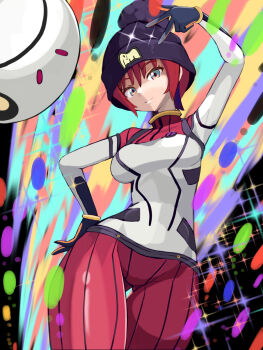 1girl amate_yuzuriha beanie black_hat bodysuit breasts closed_mouth commentary_request cowboy_shot green_eyes gundam gundam_gquuuuuux hand_on_own_hip haro hat highres konpotsu looking_at_viewer mecha_pilot_suit medium_breasts normal_suit_(gundam) red_hair short_hair