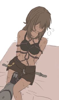 Rule 34 | 2girls, armor, bdsm, black bra, blush, bondage, bound, bra, breasts, cleavage, female footjob, firefly (honkai: star rail), footjob, footjob over clothes, grey hair, highres, honkai: star rail, honkai (series), korshokor, medium hair, multiple girls, no eyes, power armor, pussy juice, sam (honkai: star rail), shibari, shorts, sitting, stelle (honkai: star rail), sweat, trailblazer (honkai: star rail), trembling, underwear, watermark, yuri