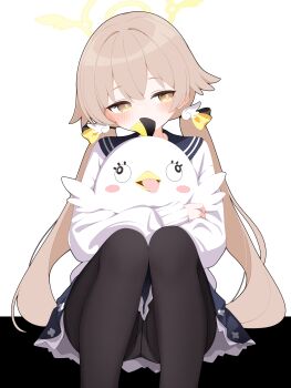 1girl absurdres acalephea black_pantyhose black_ribbon blue_archive blush brown_hair cardigan commentary_request crotch_seam hair_between_eyes hair_ornament hair_ribbon halo hifumi_(blue_archive) highres holding holding_stuffed_toy hugging_object long_hair long_sleeves low_twintails panties panties_under_pantyhose pantyhose peroro_(blue_archive) ribbon sailor_collar school_uniform simple_background sitting skirt solo stuffed_animal stuffed_bird stuffed_toy twintails underwear white_cardigan wing_hair_ornament winged_halo yellow_eyes yellow_halo yellow_ribbon