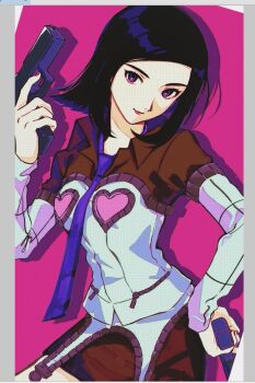 1girl amano_maya black_hair brown_skirt drop_shadow dual_wielding gun hahamusutaaaa handgun heart heart_print holding holding_gun holding_weapon looking_at_viewer medium_hair necktie persona persona_2 pink_background purple_eyes purple_necktie skirt smile solo weapon