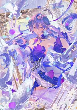 1girl bird dress face_jewel gloves halo head_wings highres honkai:_star_rail honkai_(series) long_hair omces96 parted_lips picture_frame purple_dress purple_eyes purple_gloves purple_hair robin_(honkai:_star_rail) signature solo strapless strapless_dress treble_clef wings