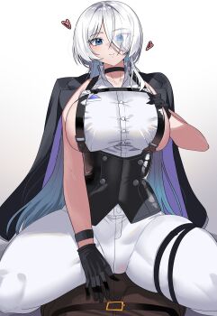 1boy 1girl absurdres aqua_hair belt black_choker black_corset black_jacket blue_eyes breasts brid_(nikke) brid_(silent_track)_(nikke) brown_belt brown_jacket brown_pants chest_harness choker closed_mouth collarbone collared_shirt commander_(nikke) corset eyes_visible_through_hair gamjasssak girl_on_top gloves goddess_of_victory:_nikke grey_hair hair_between_eyes hair_down hair_over_one_eye hand_on_own_chest harness heart highres jacket jacket_on_shoulders large_breasts long_hair looking_at_viewer multicolored_hair official_alternate_costume official_alternate_hairstyle pants shadow shirt sideboob sideless_shirt sidelocks simple_background sitting sitting_on_person skindentation sleeveless sleeveless_shirt smile solo_focus thigh_strap tight_clothes tight_pants two-tone_hair white_background white_pants white_shirt