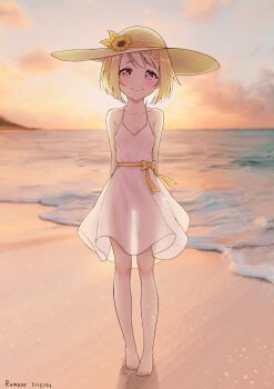 Rule 34 | 1girl, absurdres, barefoot, beach, blonde hair, dress, feet, flat chest, flower, hat, highres, light smile, looking at viewer, mahiru (princess connect!), mahiru (real) (princess connect!), princess connect!, ruinone, see-through clothes, smile, sun hat, sundress, sunflower, thigh gap