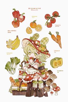 1girl :q animal_ears apron baguette banana bell_pepper bread brown_shoes cabbage carrot closed_mouth commission dress ears_through_headwear food frilled_apron frilled_dress frilled_sleeves frills fruit full_body green_eyes green_hair green_socks hat highres holding holding_food kanae_(cookie) long_hair mushroom orange_(fruit) original pineapple pumpkin red_dress red_hat shoes short_sleeves simple_background sitting smile socks solo tomato tongue tongue_out tree_stump twitter_username umbrella white_apron white_background