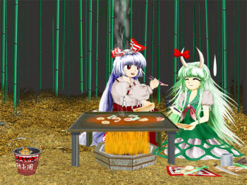Rule 34 | bamboo, bamboo forest, bow, bucket, chopsticks, closed eyes, commentary request, dress, eating, feeding, fire, forest, frog, fujiwara no mokou, green dress, green hair, holding, holding chopsticks, horns, in bucket, in container, kamishirasawa keine, kamishirasawa keine (hakutaku), kams, knife, nature, open mouth, pants, red bow, red eyes, red pants, shirt, sitting, smile, smoke, stove, suspenders, sweatdrop, touhou, white hair, white shirt, zun (style)