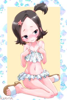 1girl bikini bikini_skirt black_hair blue_background blush breasts brown_sandals cleavage closed_mouth collarbone dot_nose embarrassed female_focus forehead frilled_bikini frills full_body grey_eyes highres kunoichi_tsubaki_no_mune_no_uchi loli looking_at_viewer navel one_side_up rurito0725 sandals short_hair shy simple_background sitting small_breasts solo swimsuit three-toned_background toes touwata_(kunoichi_tsubaki_no_mune_no_uchi) two-tone_sandals wariza white_background white_sandals yellow_background