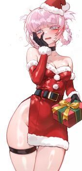 1girl absurdres alternate_costume black_choker black_gloves blue_eyes braid braided_hair_rings breasts choker commentary dress english_commentary foolish_potato gloves hair_rings hat highres looking_at_viewer medium_breasts nanakusa_nazuna_(yofukashi_no_uta) pink_hair ringed_eyes santa_costume santa_dress santa_hat side_slit solo strapless strapless_dress yofukashi_no_uta