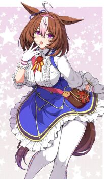 1girl ahoge animal_ears bag between_breasts blue_dress blush bow breasts brown_hair commentary double-parted_bangs dress ear_ribbon english_commentary gloves hair_between_eyes hairband headband highres horse_ears horse_girl horse_tail large_breasts long_sleeves looking_at_viewer meisho_doto_(turbulent_blue)_(umamusume) meisho_doto_(umamusume) multicolored_hair open_mouth pantyhose pink_hairband pink_headband purple_eyes sheita shirt short_hair shoulder_bag smile solo star_(symbol) strap_between_breasts tail two-tone_hair umamusume white_gloves white_hair white_pantyhose white_shirt