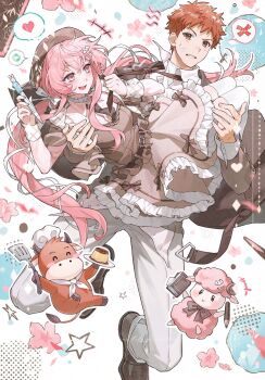 animal animal_ears brown_hat brown_jacket brown_skirt brown_sweater_vest brown_vest carrying commentary_request commission couple cow cow_ears emiya_shirou fate/stay_night fate_(series) formal_clothes gaoyue_jixiang grey_suit hat highres holding jacket long_sleeves momomiya_shizuku_(gaoyue_jixiang) necktie oc_x_canon original pants pastels pen pink_eyes princess_carry print_ribbon red_hair ribbon sheep shirt skirt suit sweater_vest vest watermark weibo_watermark white_shirt wool