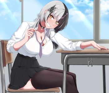 1girl :d absurdres black_choker black_hair black_nails black_skirt blue_sky breasts chair choker cleavage cloud commentary_request from_side grey_hair grin hair_ornament highres hololive hololive_english indoors large_breasts long_hair looking_at_viewer mmneko multicolored_hair nail_polish necktie open_mouth orange_eyes purple_necktie shiori_novella sitting skirt sky smile thighhighs two-tone_hair virtual_youtuber