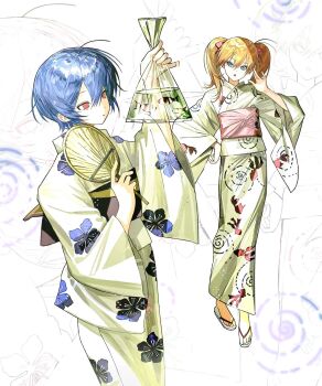 2girls animal_print antenna_hair ayanami_rei bag bags_under_eyes blue_eyes blue_hair bow cowboy_shot dotted_line fish_print floral_print full_body goldfish_print guigui_rongrong hair_between_eyes hair_bow hand_fan hand_on_own_hip hand_up head_tilt highres holding holding_bag holding_fan japanese_clothes kimono medium_hair multiple_girls neon_genesis_evangelion obi orange_hair paper_fan partially_shaded_face patterned_background red_bow red_eyes red_sash sandals sash short_hair souryuu_asuka_langley spiral twintails uchiwa white_background white_kimono wide_sleeves