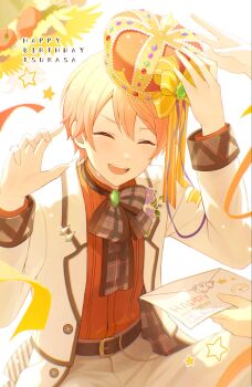 Rule 34 | 1boy, aka awoi, belt, belt buckle, black belt, buckle, buttons, character name, closed eyes, commentary request, crown, envelope, facing viewer, flower, happy birthday, highres, holding, holding envelope, jacket, lapels, long sleeves, male focus, notched lapels, official alternate costume, open clothes, open jacket, open mouth, orange hair, out of frame, outstretched hand, project sekai, short hair, smile, star (symbol), sunflower, tenma tsukasa, unicorn
