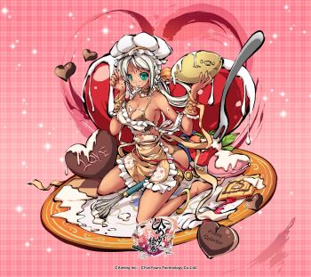 1girl anklet apron armpits bare_shoulders barefoot bikini bikini_under_clothes bowl braid breasts brown_apron brown_bikini candy chocolate chocolate_heart chocolate_making cleavage commentary_request company_name cookie copyright_logo copyright_name copyright_notice cream cream_on_body cream_on_breasts cream_on_face cream_on_hands dark-skinned_female dark_skin food food_on_face fork frilled_apron frills fruit full_body hands_up happy_valentine hat heart heart-shaped_food highres himegami_kagura holding holding_bowl jewelry large_breasts logo long_hair looking_at_viewer low-tied_hair_ring ms06s official_art sitting solo strap_slip strawberry suriya_(himegami_kagura) swimsuit tongue tongue_out valentine wariza white_hair white_hat