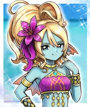 1girl aqua_skin armlet back_fin blonde_hair blue_background blue_eyes border bracelet colored_skin commentary_request curly_hair dragon_quest dragon_quest_x earrings fins fish_girl flower gold_armlet hair_flower hair_ornament head_fins high_ponytail highres jewelry leine_(dq10) looking_to_the_side midriff monster_girl moyapippi o-ring o-ring_top ponytail purple_flower smile solo sparkle upper_body white_border