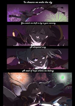 Rule 34 | 2girls, black gloves, english text, firefly (honkai: star rail), fireworks, gloves, grey hair, hairband, highres, honkai: star rail, honkai (series), interlocked fingers, kiss, long hair, midair, multiple girls, night, sky, sparkle (honkai: star rail), stelle (honkai: star rail), trailblazer (honkai: star rail), ukaya masaru, yuri