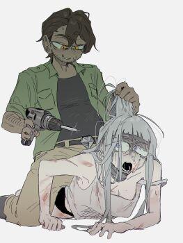 1boy 1girl :o all_fours arm_hair artist_self-insert belt black_panties black_shirt blunt_bangs blush boyfriend_to_death breasts brown_hair bruise bruise_on_arm cleavage collared_shirt commentary_request crawling crying crying_with_eyes_open facial_hair full_body goatee_stubble grabbing_another's_hair green_shirt hair_between_eyes hair_over_shoulder hetero highres holding_another's_hair holding_power_drill injury korean_commentary large_breasts long_hair looking_at_another midriff on_ground panties partially_shaded_face purple_eyes scar scar_on_arm scar_on_chest sexually_suggestive shirt short_hair sitting sitting_on_person smirk soureeeee strade_(boyfriend_to_death) stubble tank_top tears underwear very_long_hair white_hair white_shirt wide-eyed yellow_eyes