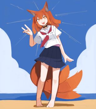 1girl absurdres animal_ear_fluff animal_ears bare_legs barefoot beach black_choker blue_sky choker commentary emphasis_lines english_commentary fangs fox_ears fox_girl fox_shadow_puppet fox_tail highres kart_prowler kitsune large_tail neckerchief open_mouth orange_eyes orange_hair outdoors red_neckerchief school_uniform serafuku sky solo tail watashi_wo_tabetai_hitodenashi white_serafuku yashiro_miko