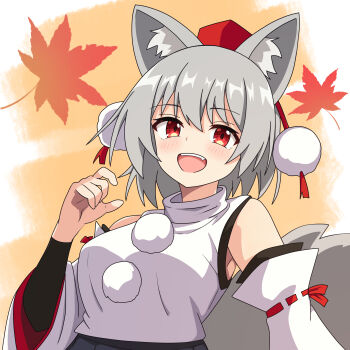 1girl absurdres animal_ear_fluff animal_ears arm_up black_arm_warmers black_skirt border breasts commentary detached_sleeves fang grey_hair hat highres inubashiri_momiji large_breasts leaf light_blush looking_at_viewer maple_leaf medium_hair open_mouth orange_background pom_pom_(clothes) red_eyes red_hat red_ribbon ribbon ribbon-trimmed_sleeves ribbon_trim shirt skirt smile solo swept_bangs tail teeth tokin_hat touhou tsukumo_charu upper_body upper_teeth_only vignetting white_border white_shirt wolf_ears wolf_girl wolf_tail